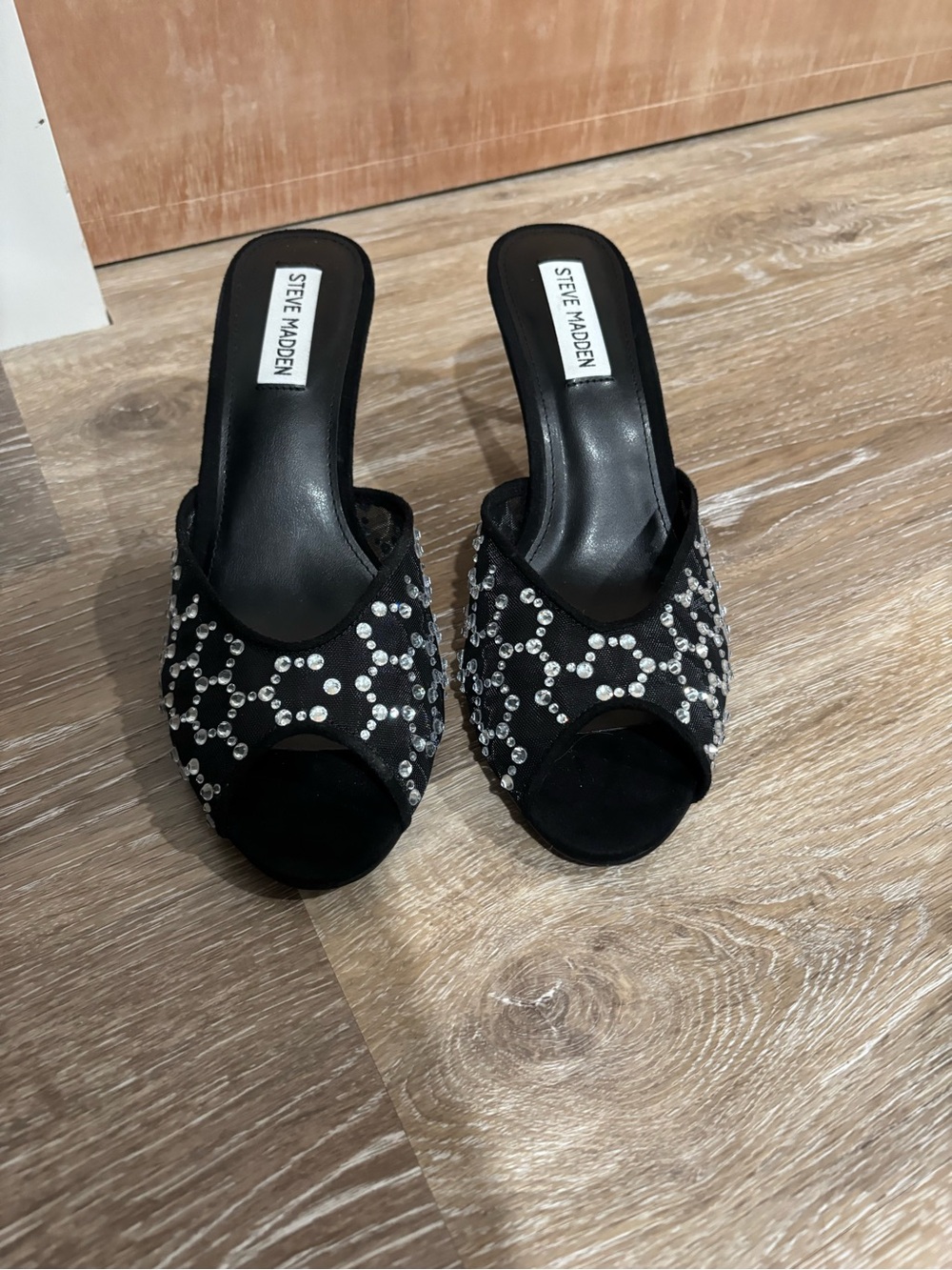 Steve Madden Black Rhinestone Embellished Slide Mules